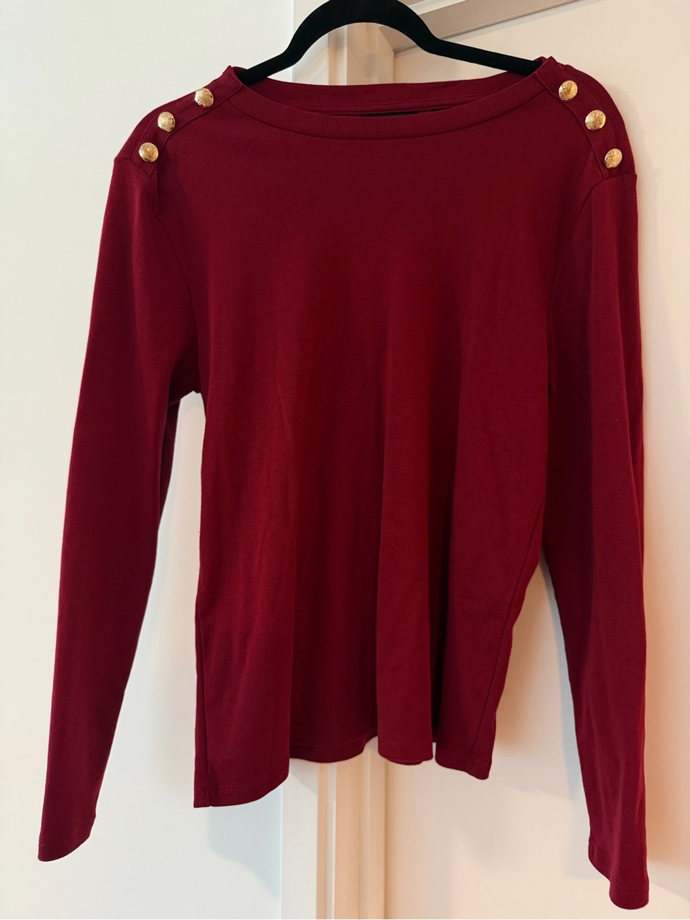 Rafaella Burgundy Long Sleeve Top with Gold Shoulder Buttons - Large